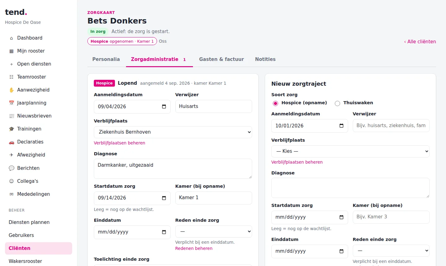 De zorgkaart van een cliënt met het zorgtraject hospice: aanmelding, diagnose, startdatum en kamer.